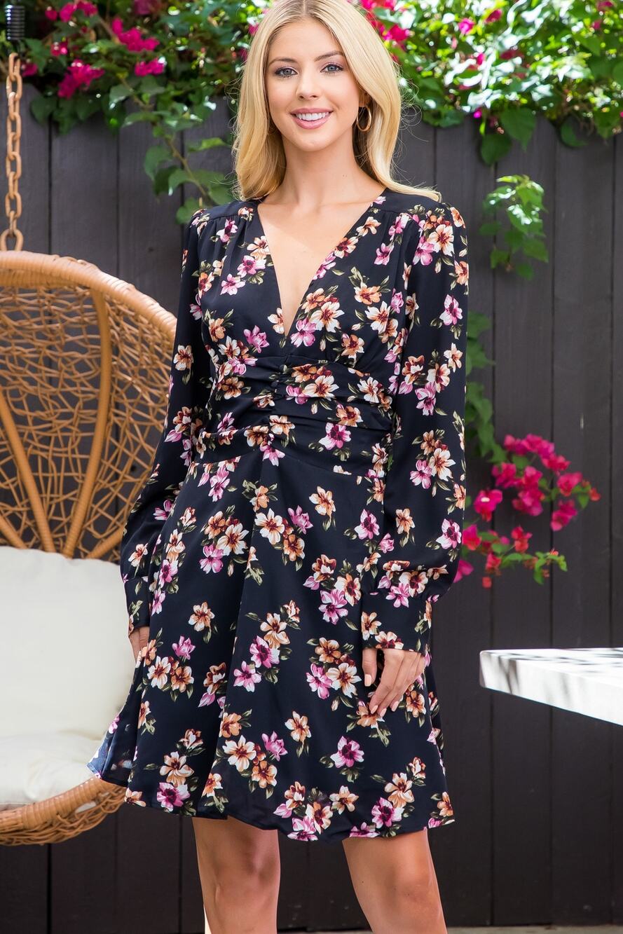 Mittoshop Black Floral V-Neck Long Sleeve Dress